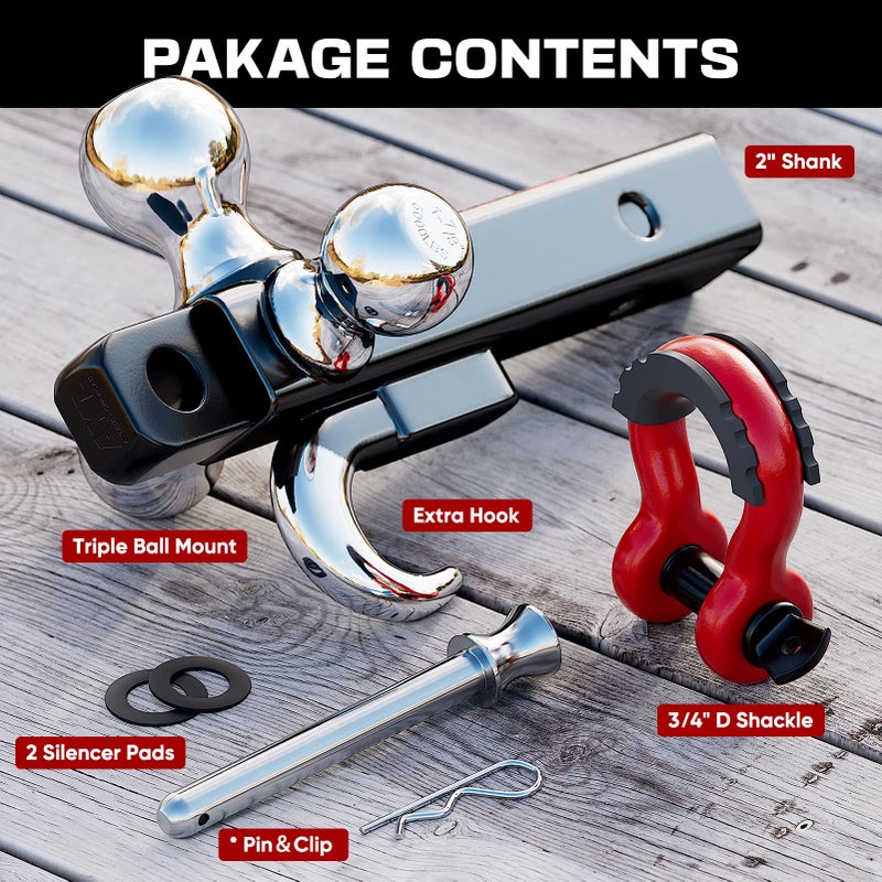 Ayleid Trailer Hitch Tri-Ball Mount with Hook&Pin&Rotatable Tow Shackle Fits 2-in Receiver with 1-7/8-in 2-in 2-5/16-in Hitch Ball - Image 5